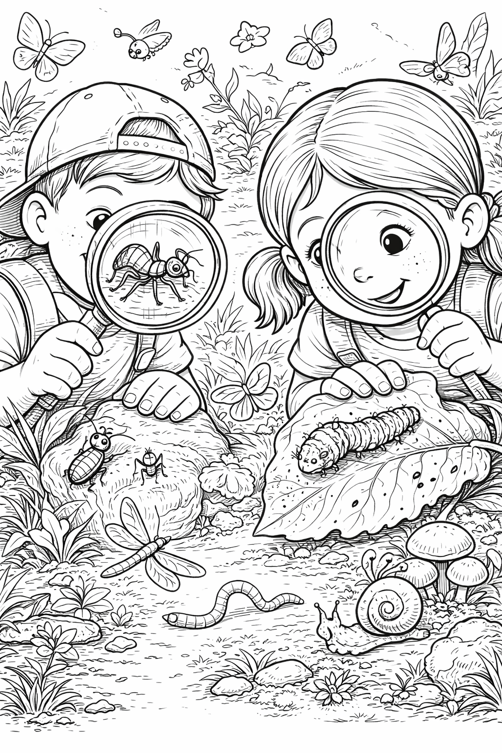 Children exploring nature with magnifying glasses