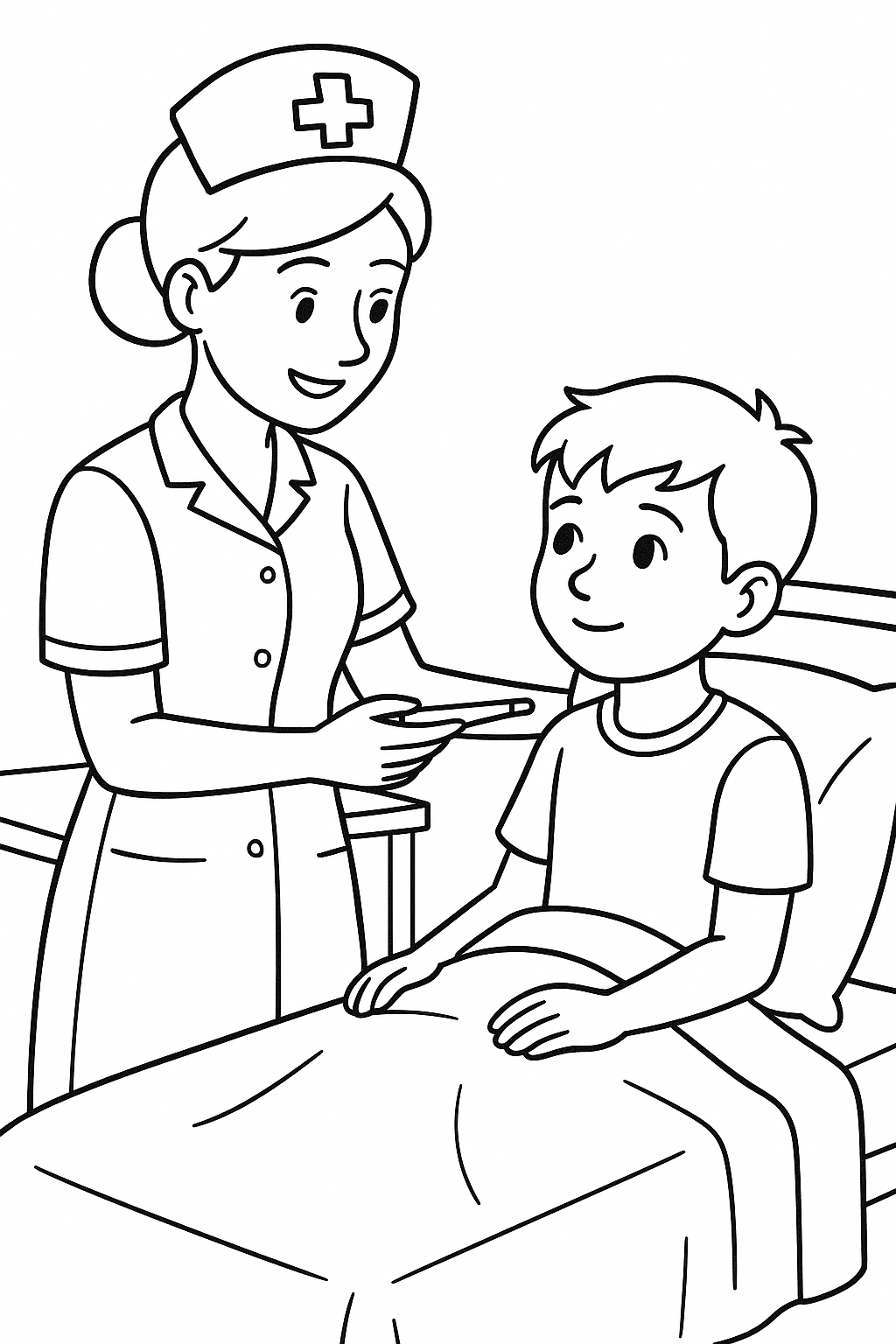 Nurse taking care of a child coloring page