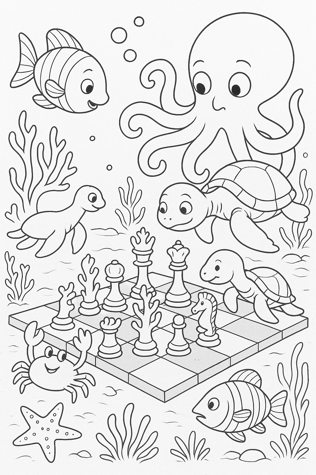Coloring page with ocean animals playing chess