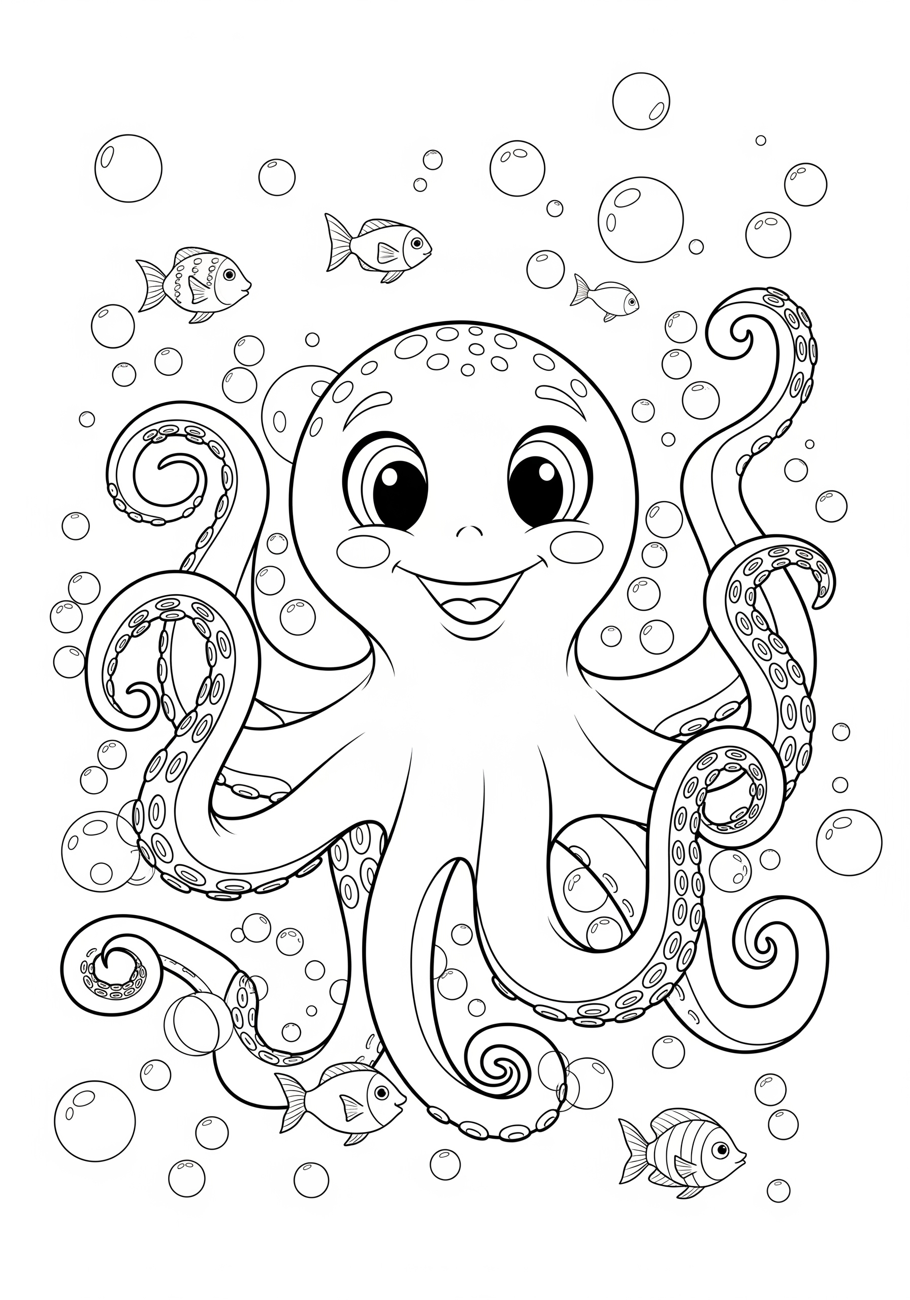 octopus coloring page with fish and bubbles