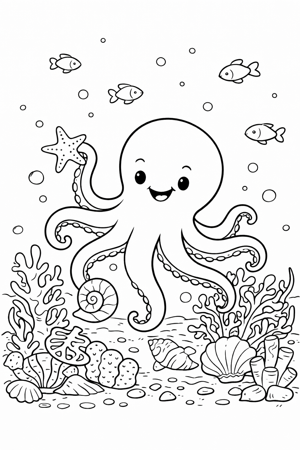 Coloring page of a happy octopus with starfish