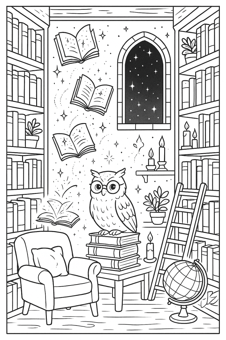 Owl in a library with floating books