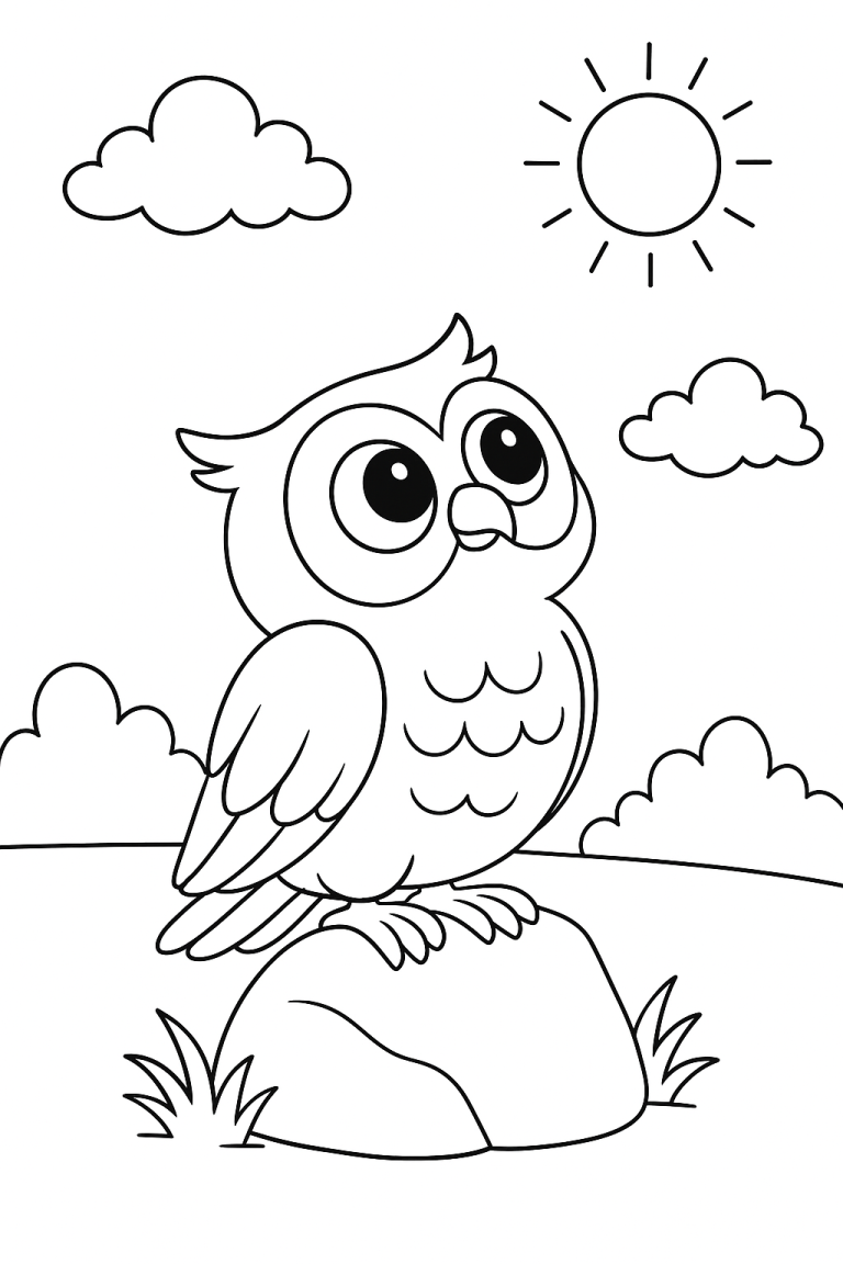 Cute owl sitting on a rock, coloring page.