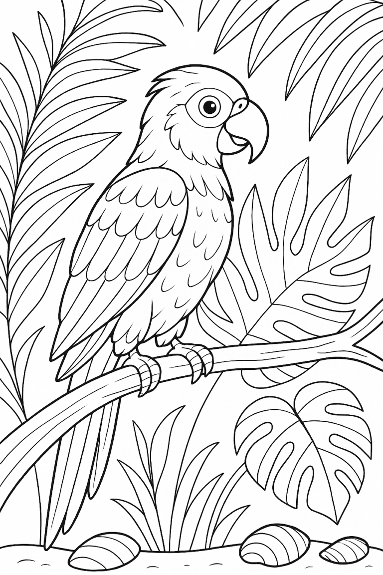 Parrot coloring page with tropical background