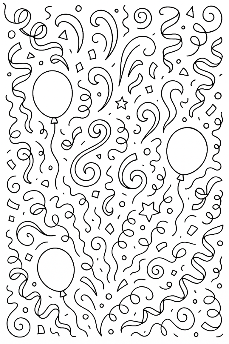 Coloring page with balloons, confetti, and swirls.