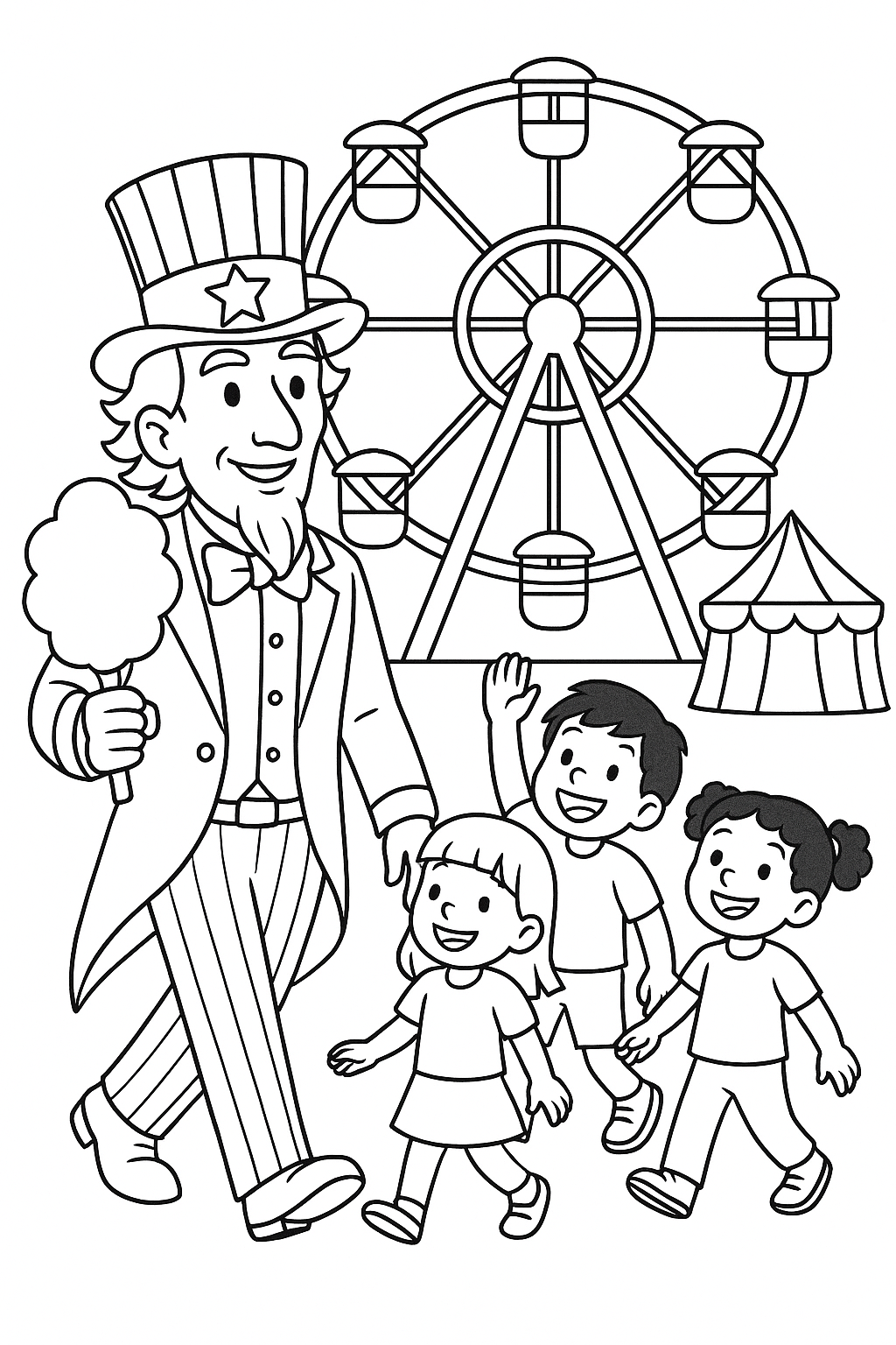 Patriotic character with children at carnival.