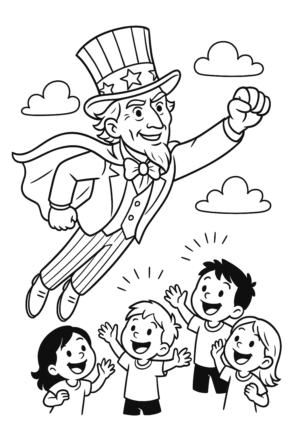 Patriotic figure flying over excited children coloring page