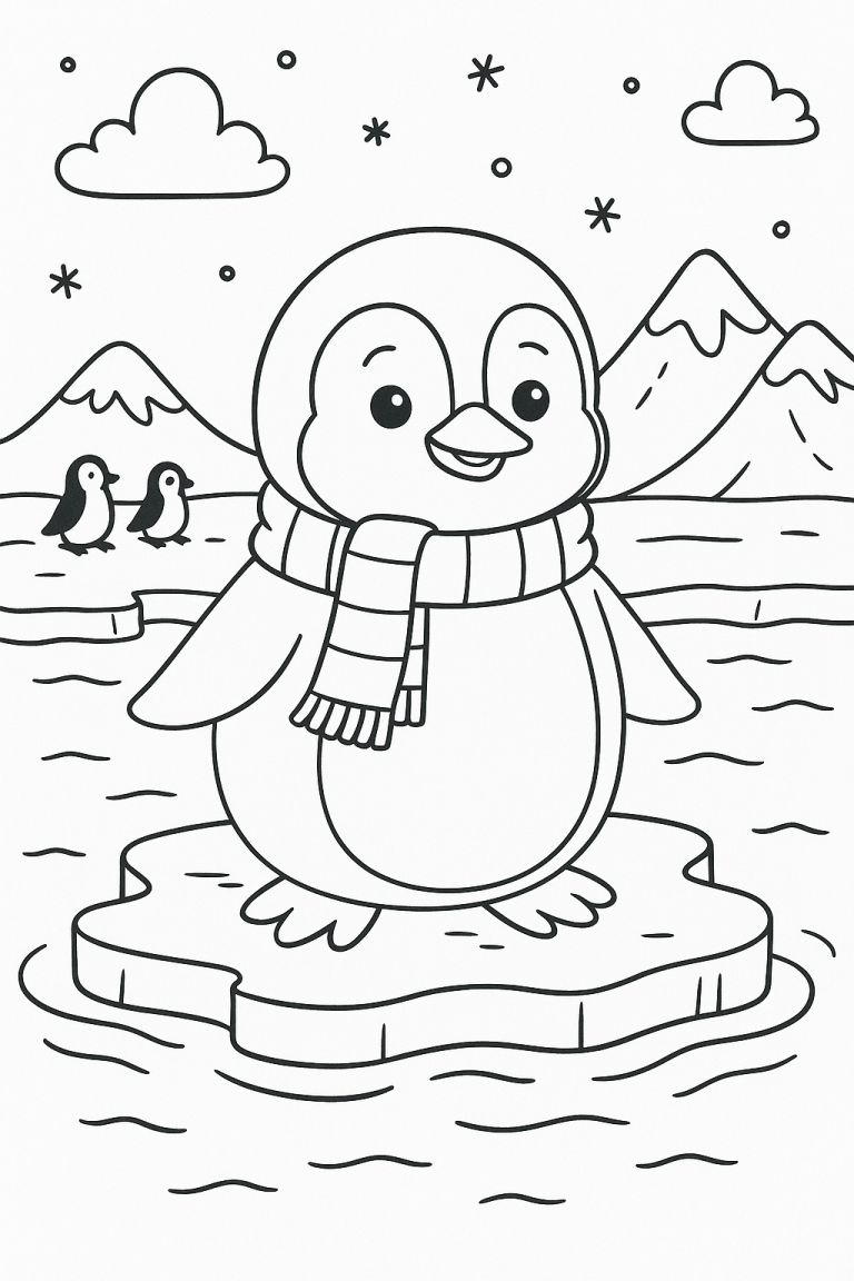 Penguin on ice floe coloring page for kids