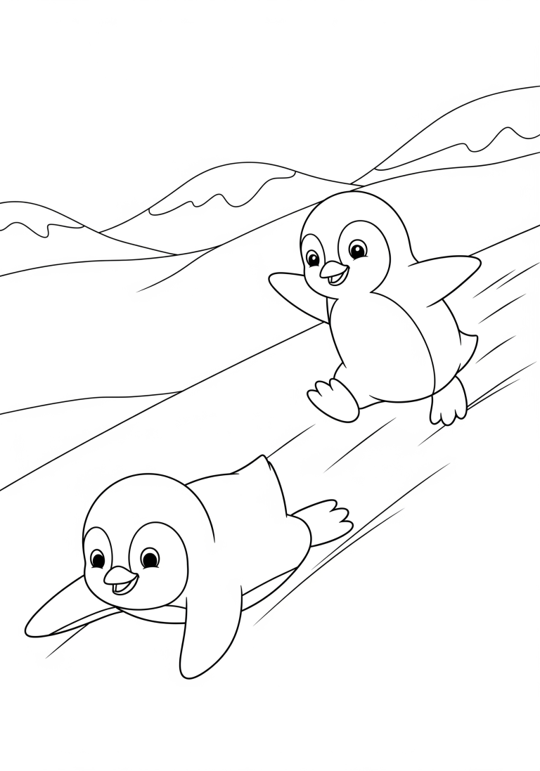 Penguins sliding and playing on a snowy hill.