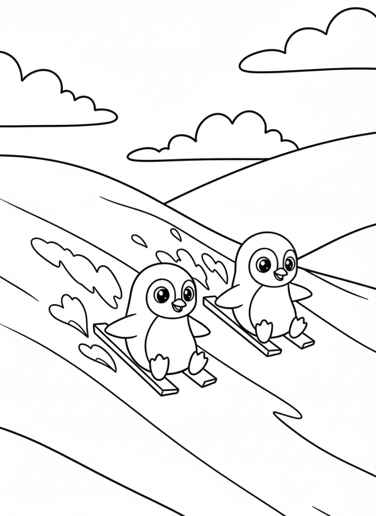 Two penguins skiing down a snowy hill