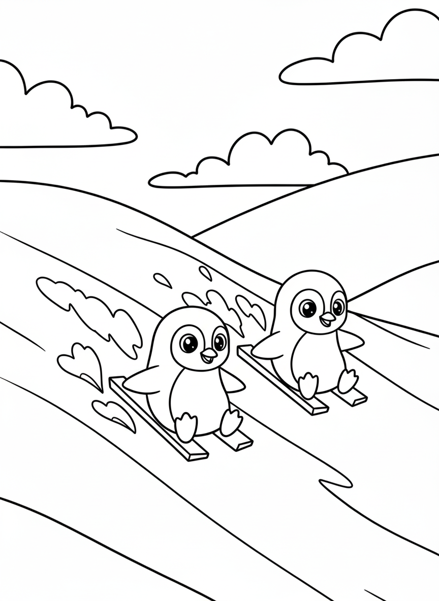 Two penguins skiing down a snowy hill