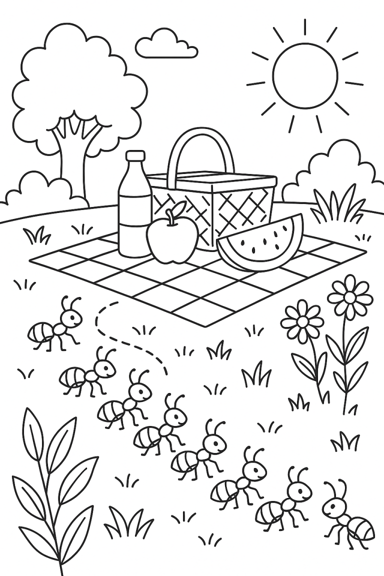 Children's coloring page of a picnic with ants and food