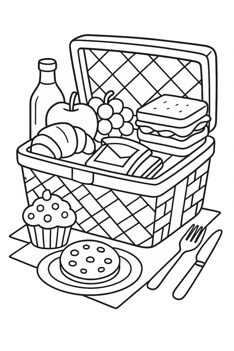 Coloring page of a picnic basket with food items