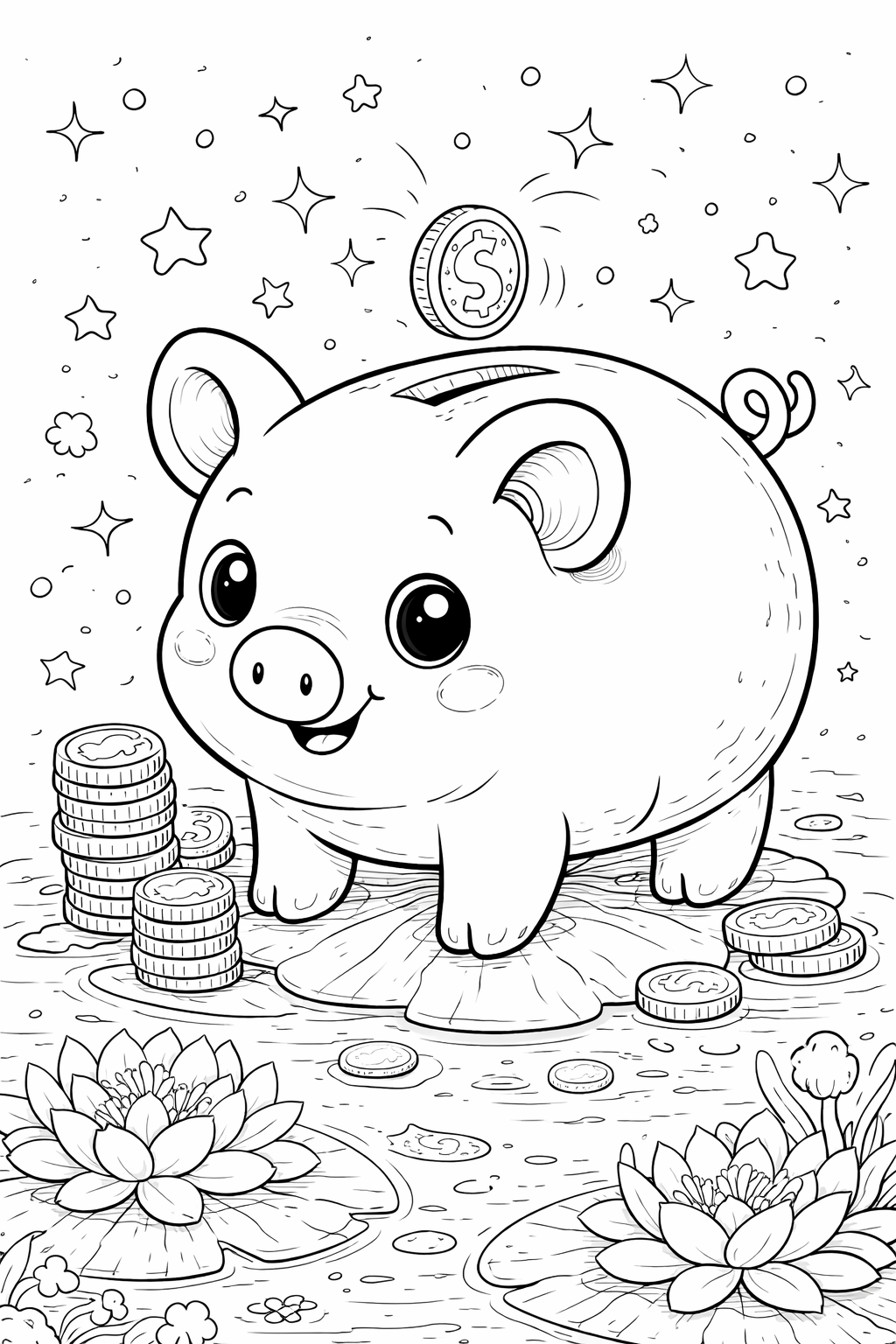 Cute piggy bank surrounded by coins and stars