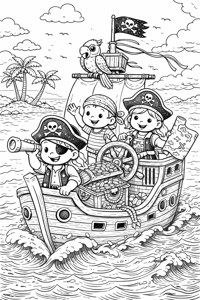 Children's coloring page of pirates on a ship