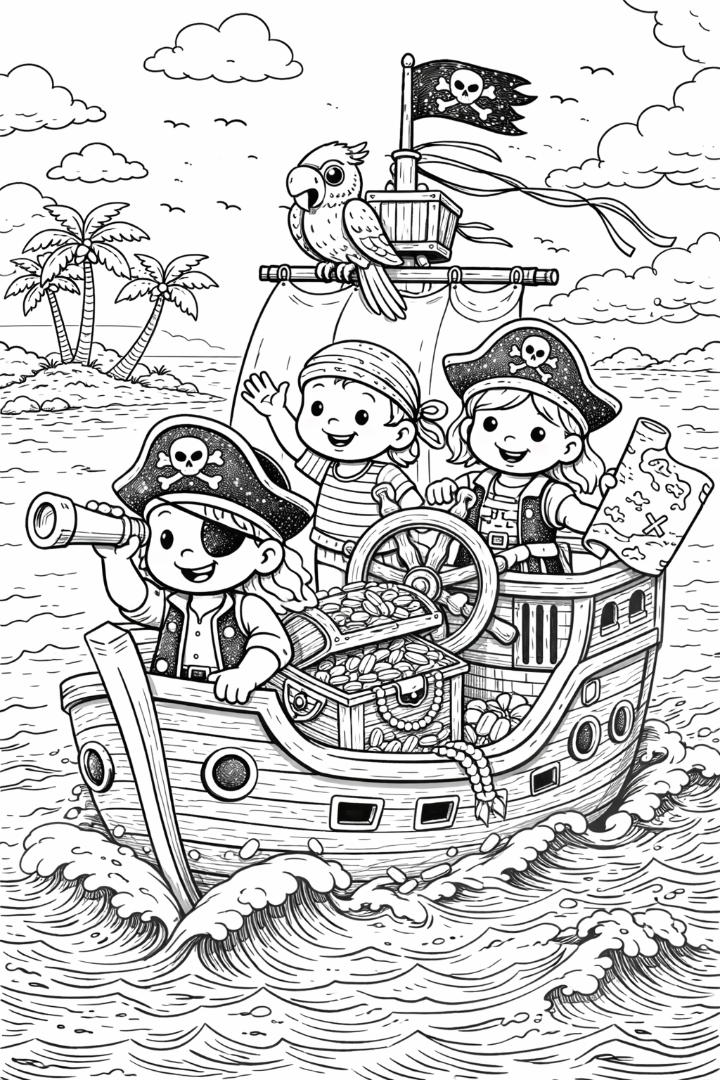 Children's coloring page of pirates on a ship