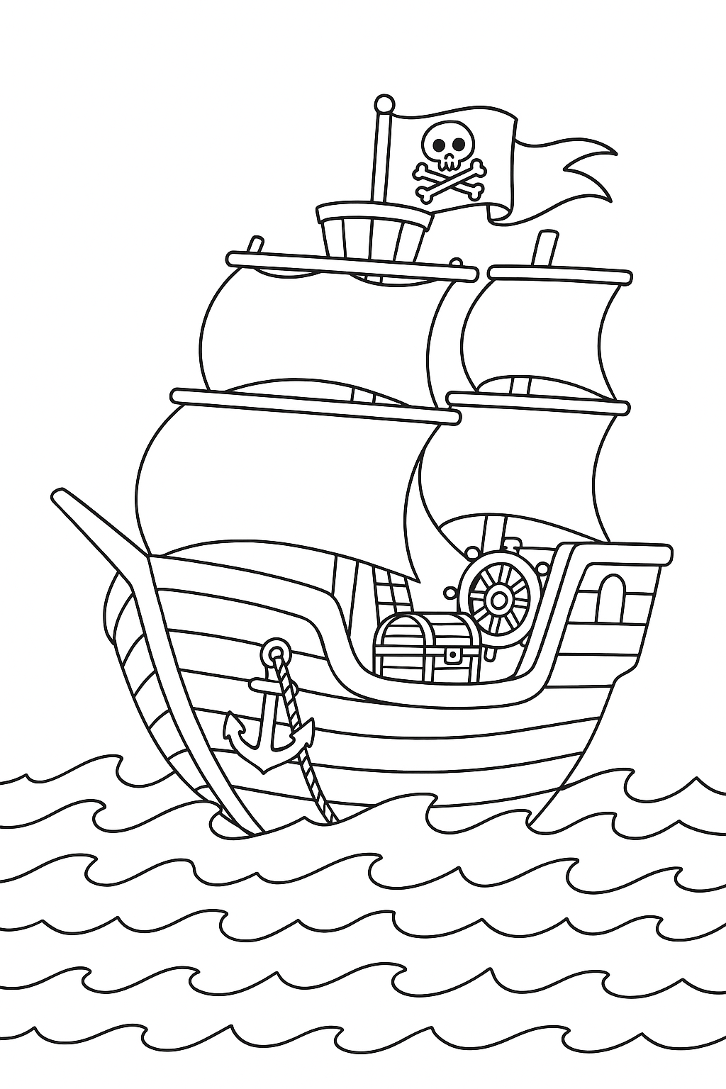 Black and white pirate ship with sails and Jolly Roger flag