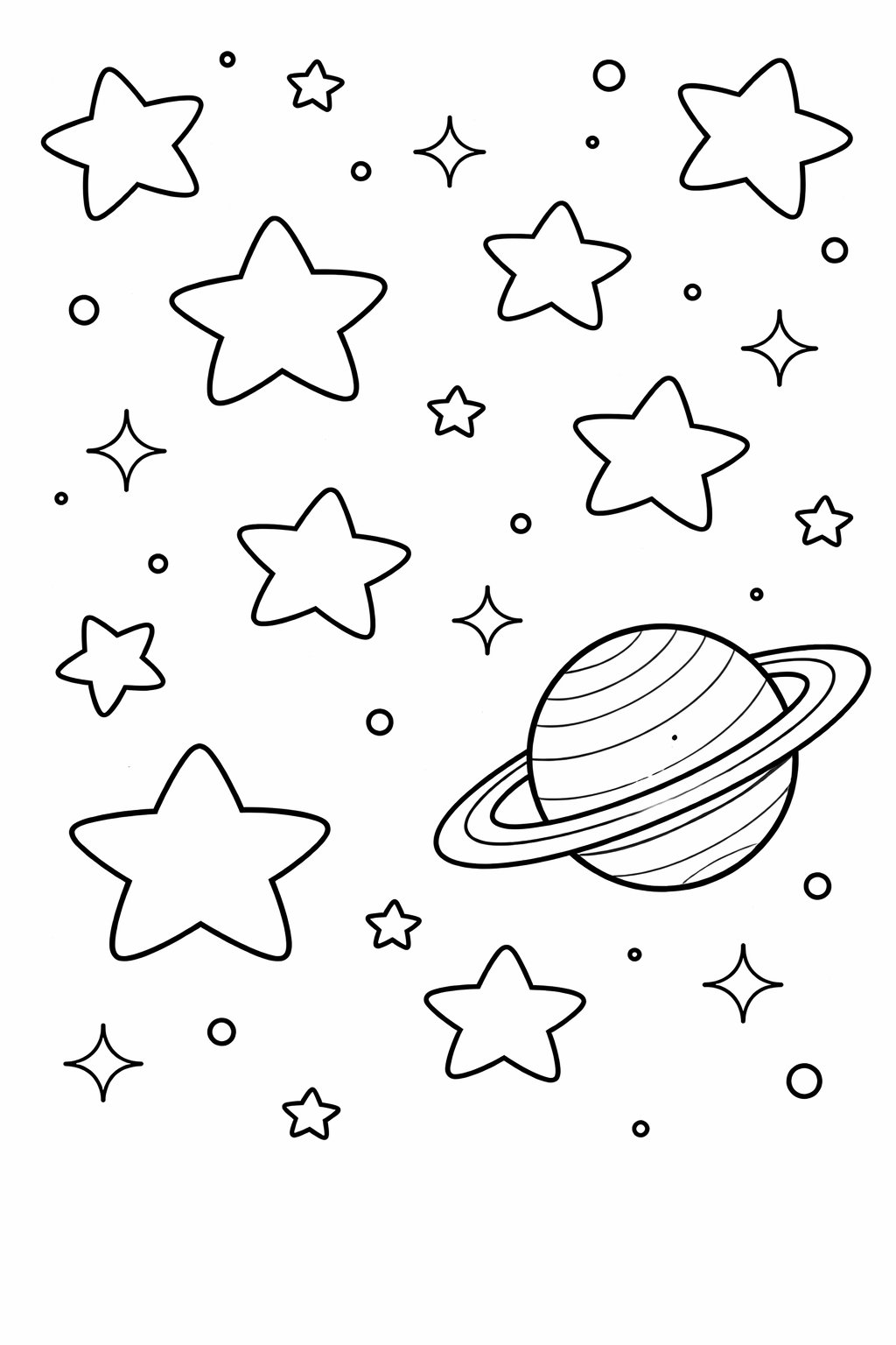 Coloring page with stars and a planet