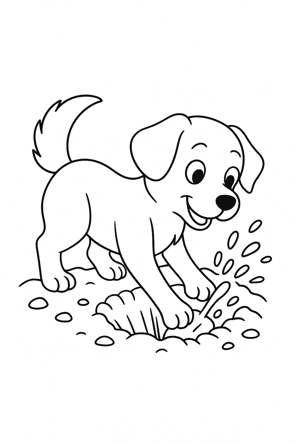 Playful puppy digging in dirt coloring page