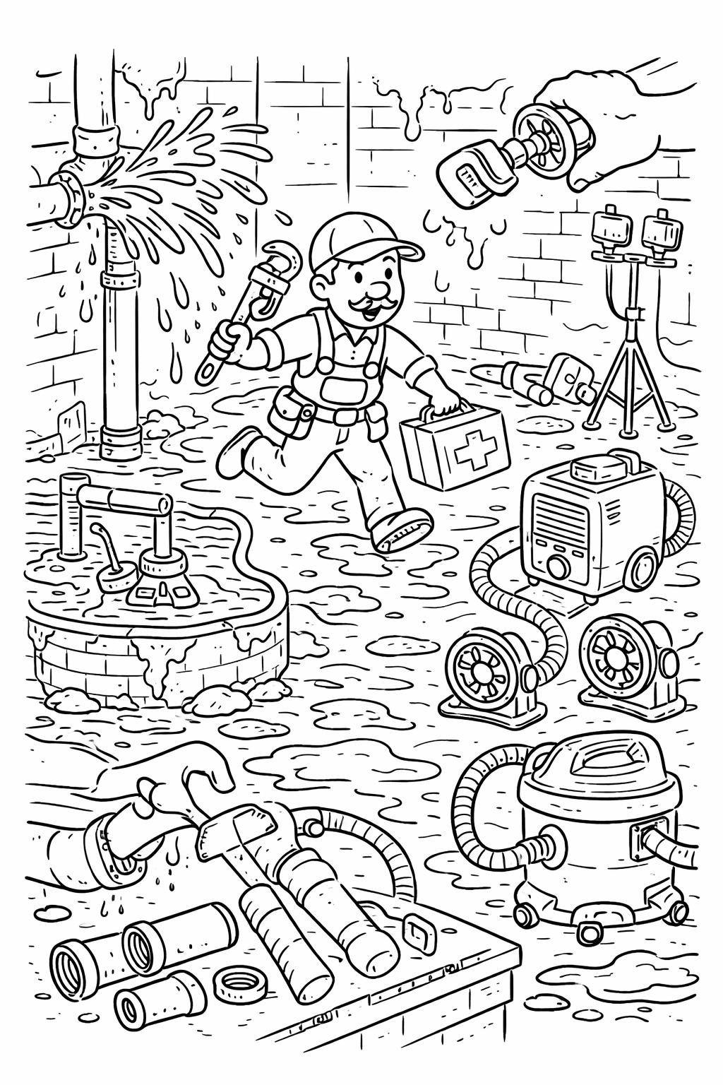 Coloring page of a plumber fixing leaks.