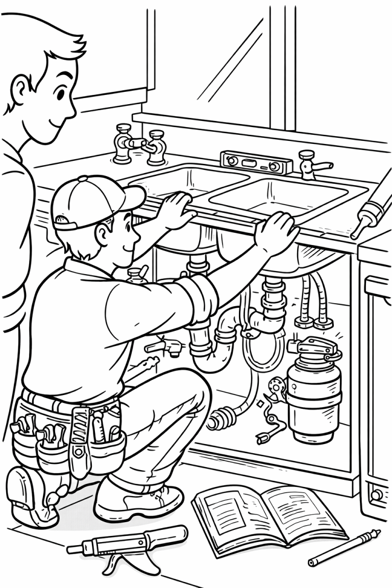 Plumber fixing sink in coloring page