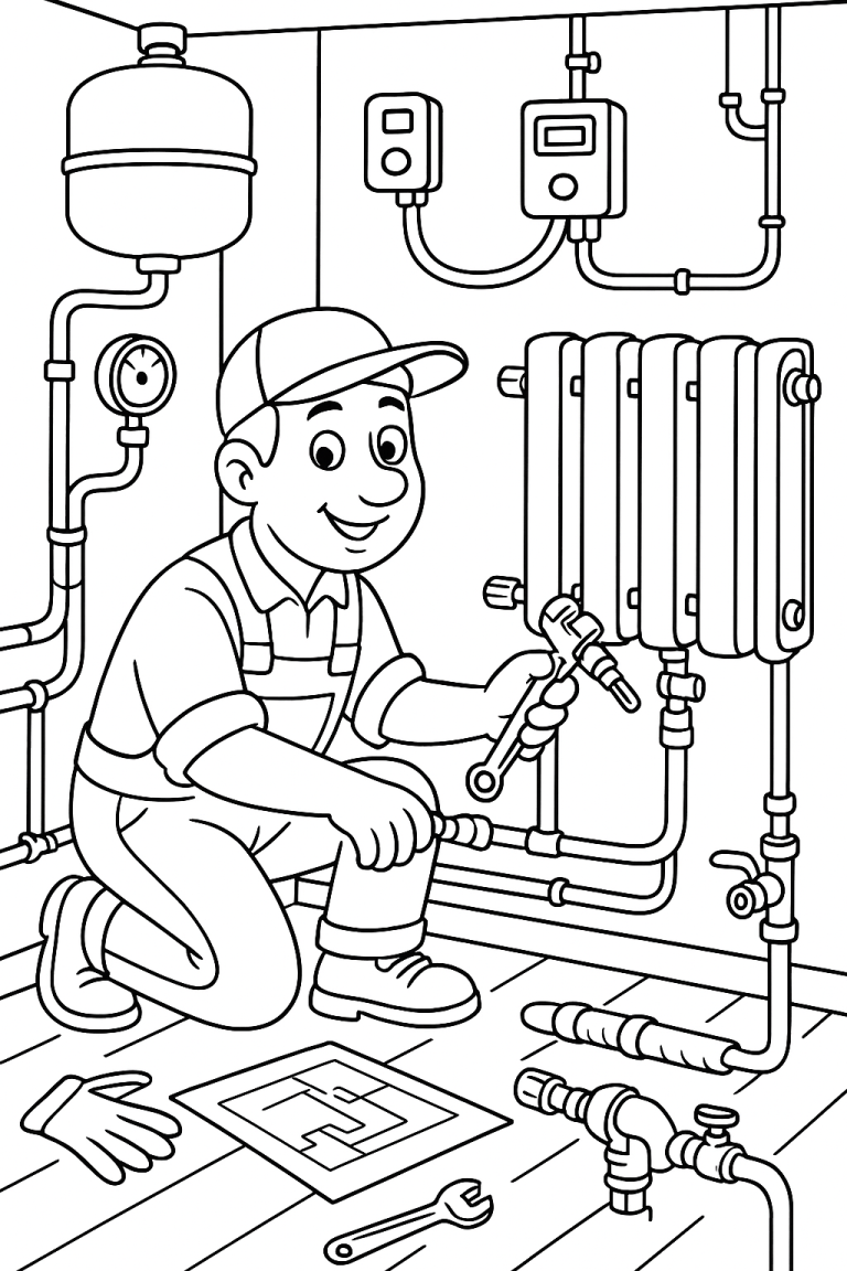 A plumber fixing pipes in a coloring page for kids.