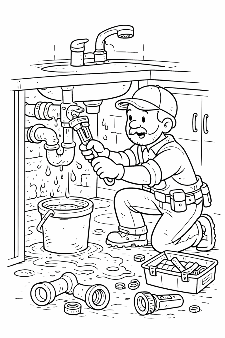 Plumber fixing pipes under a sink coloring page