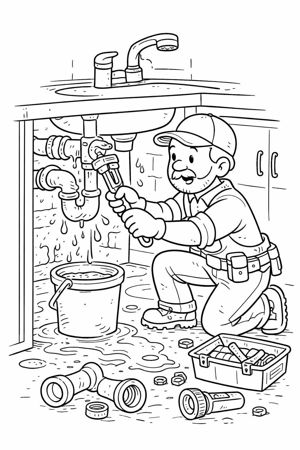 Plumber fixing pipes under a sink coloring page