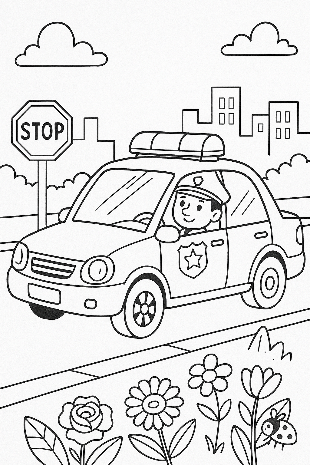 Children's coloring page of a police car with officer