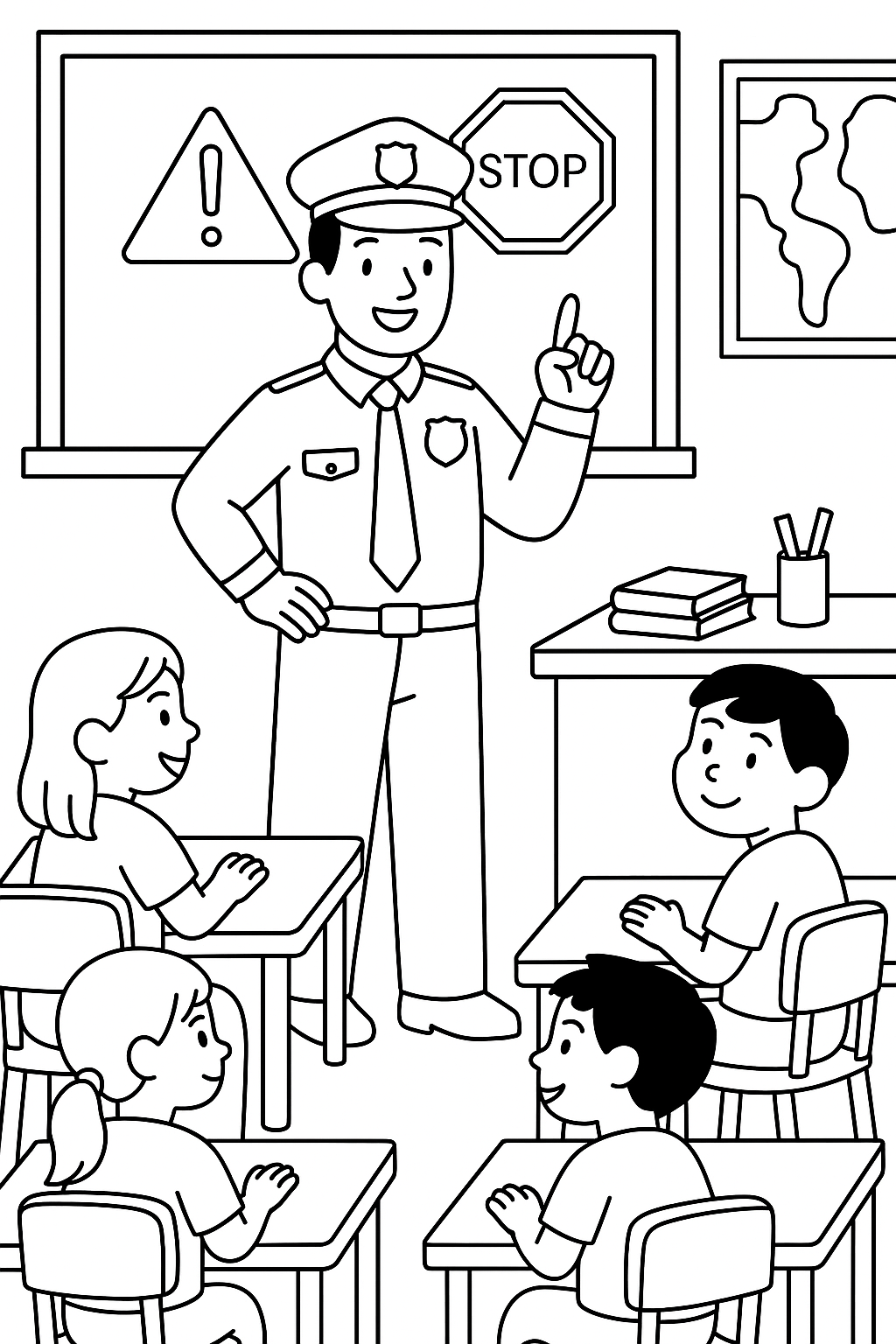 Police officer educating children in classroom coloring page