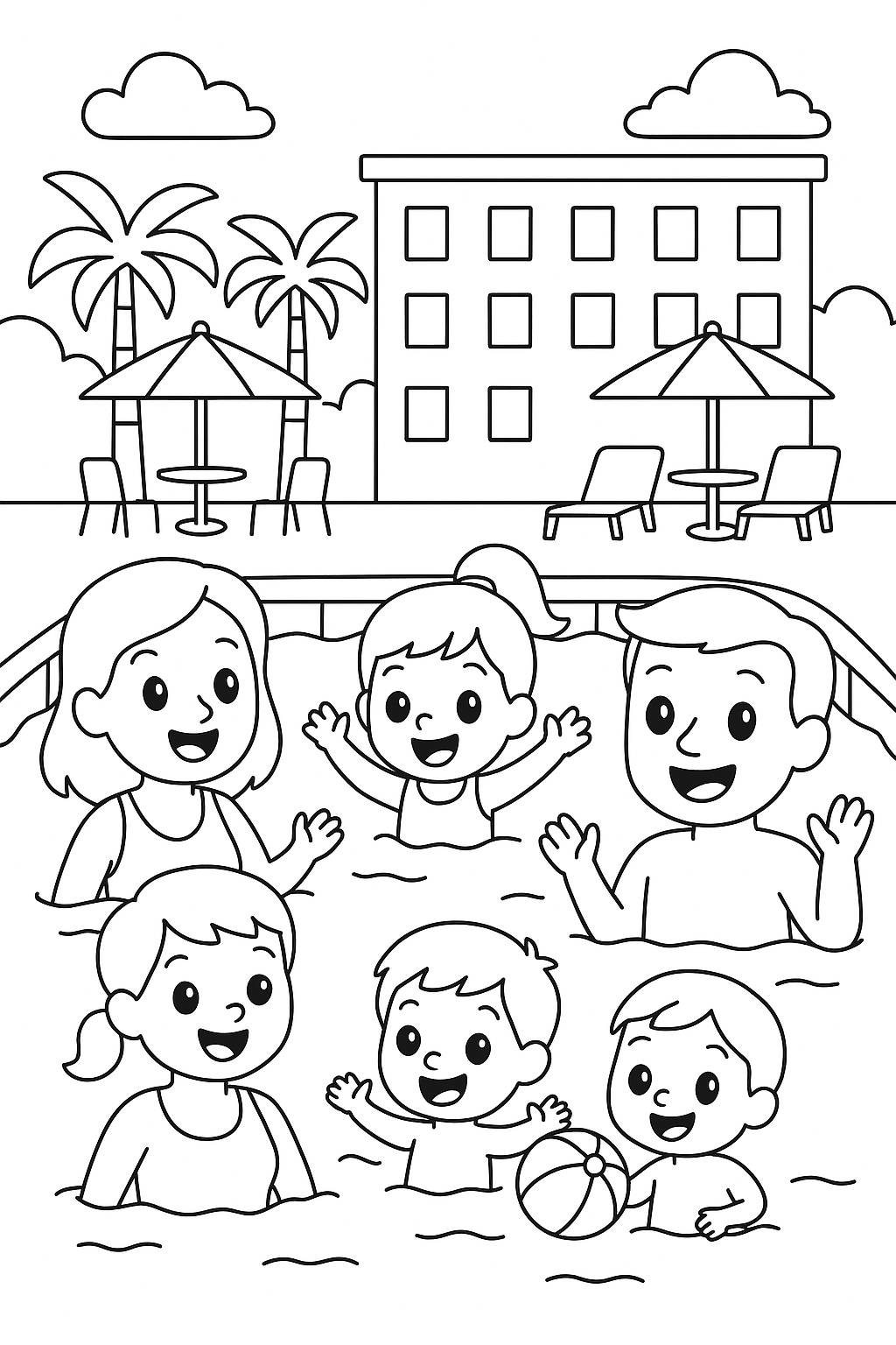 Family enjoying in the pool coloring page