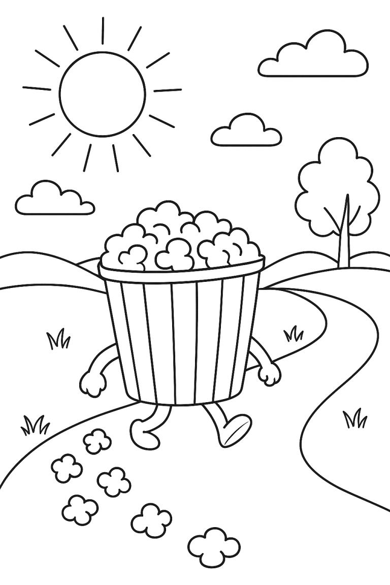 Popcorn character walking in a sunny landscape coloring page