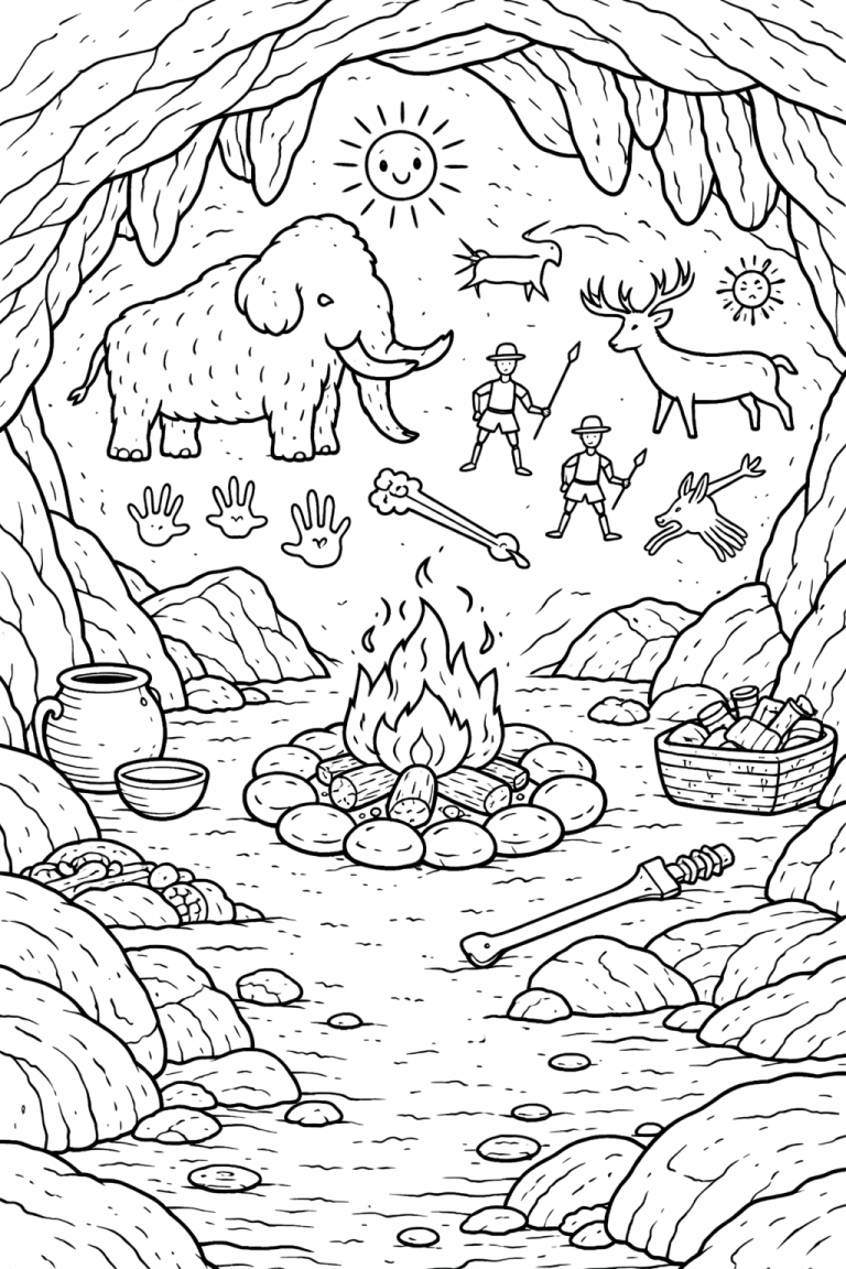 Coloring page depicting prehistoric cave life.