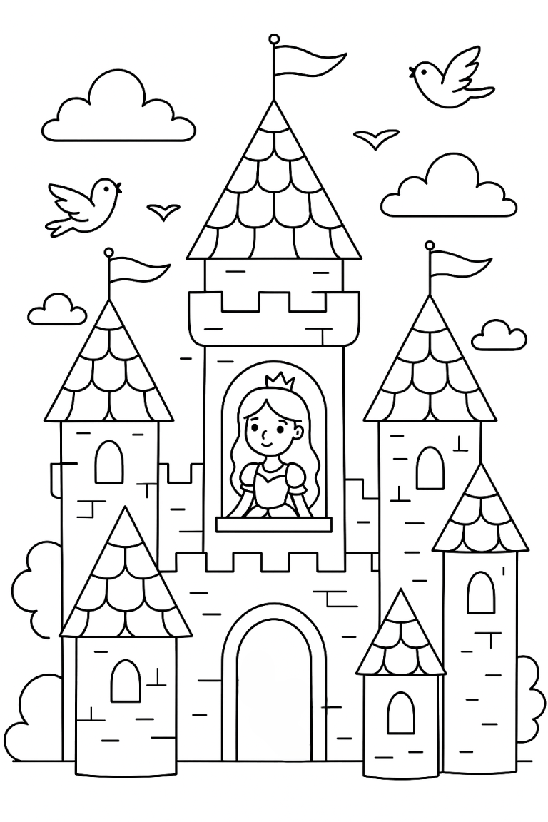 Coloring page of a princess in a castle with birds