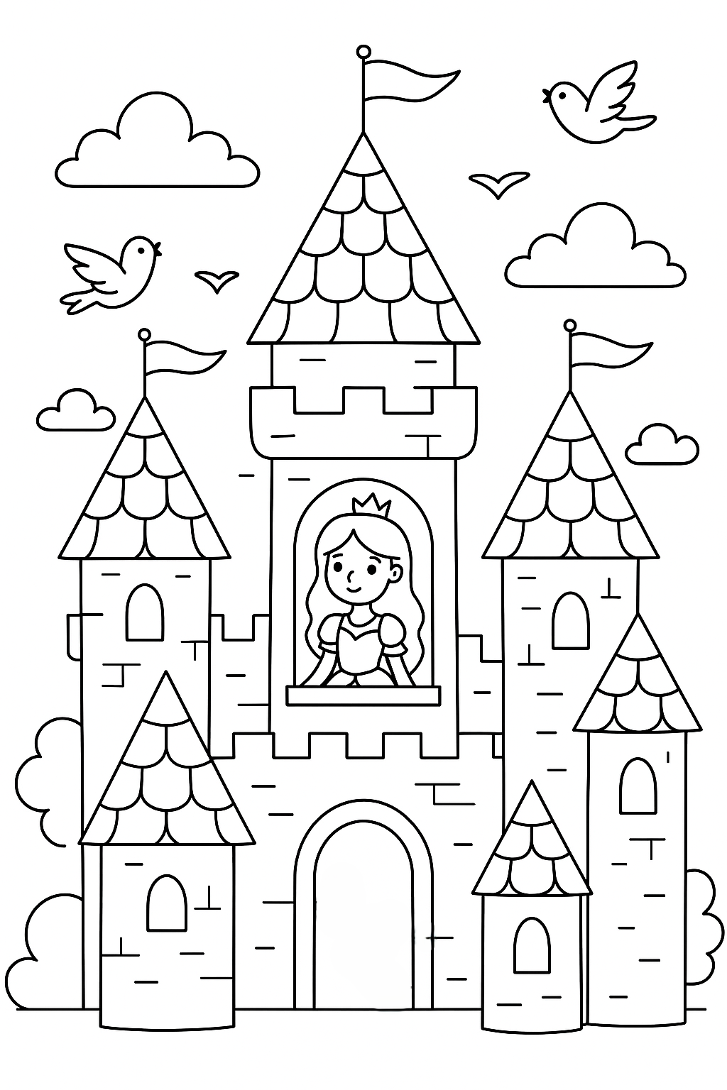 Coloring page of a princess in a castle with birds