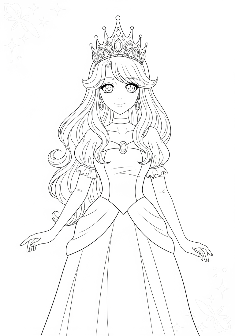 Princess coloring page with a crown and gown