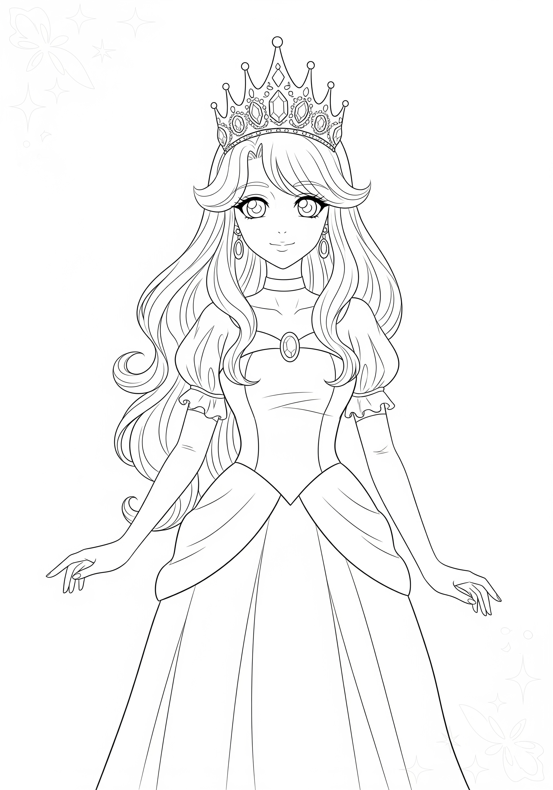 Princess coloring page with a crown and gown