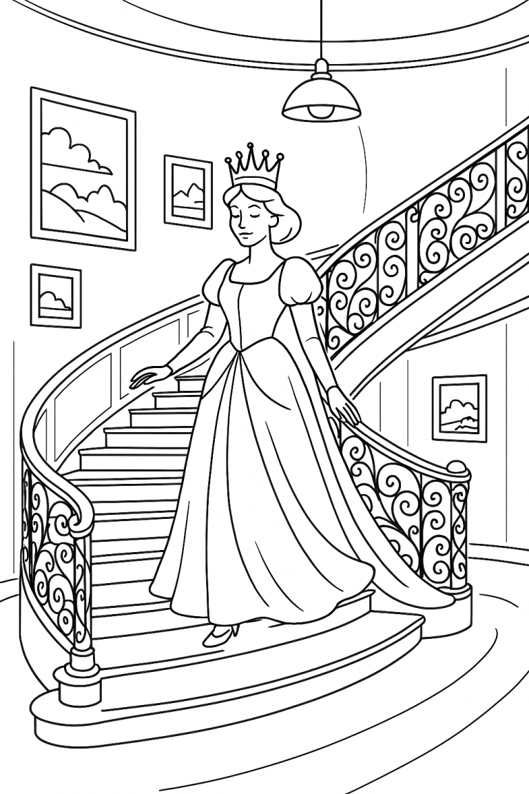Princess on a grand staircase coloring page