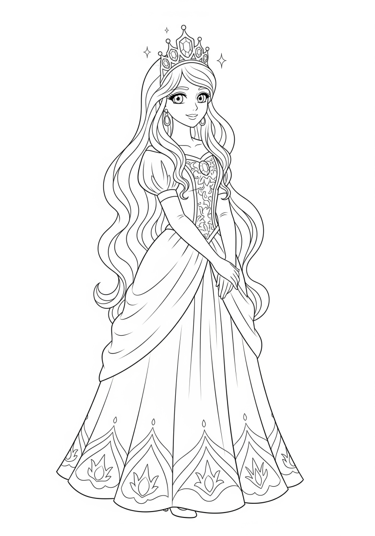 Coloring page of a princess wearing a crown and gown