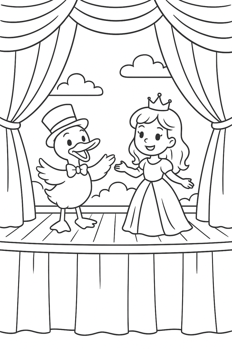 Princess and duck on stage coloring page