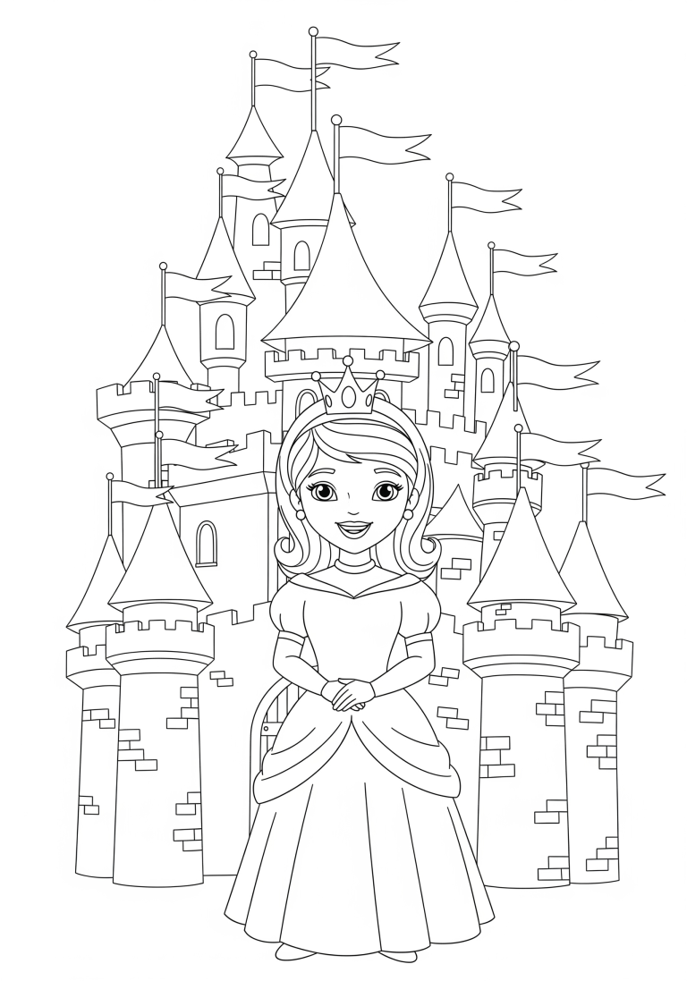 Coloring page with a princess and a castle