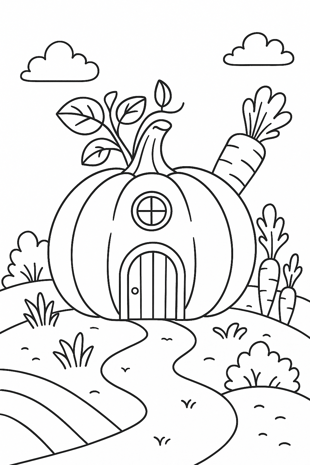 Coloring page of a pumpkin house in nature