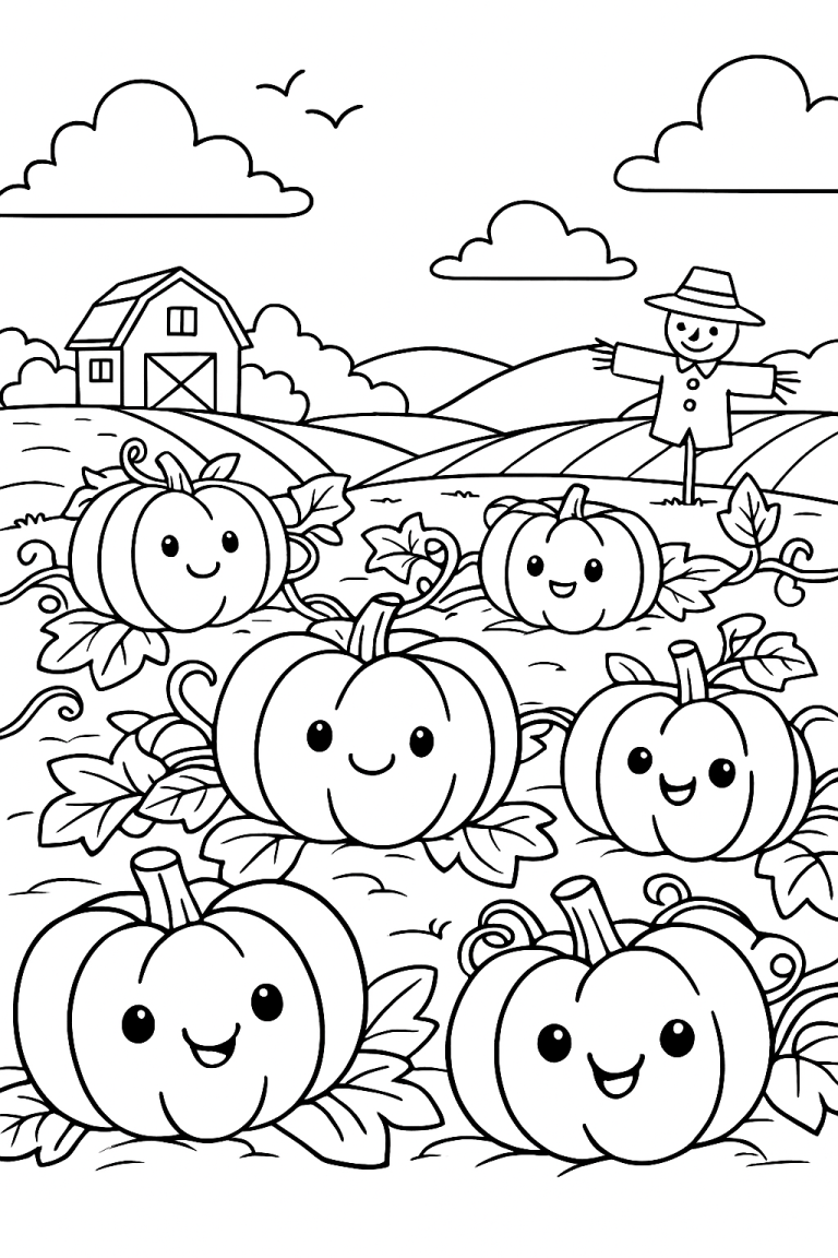 Children's coloring page with smiling pumpkins and scarecrow