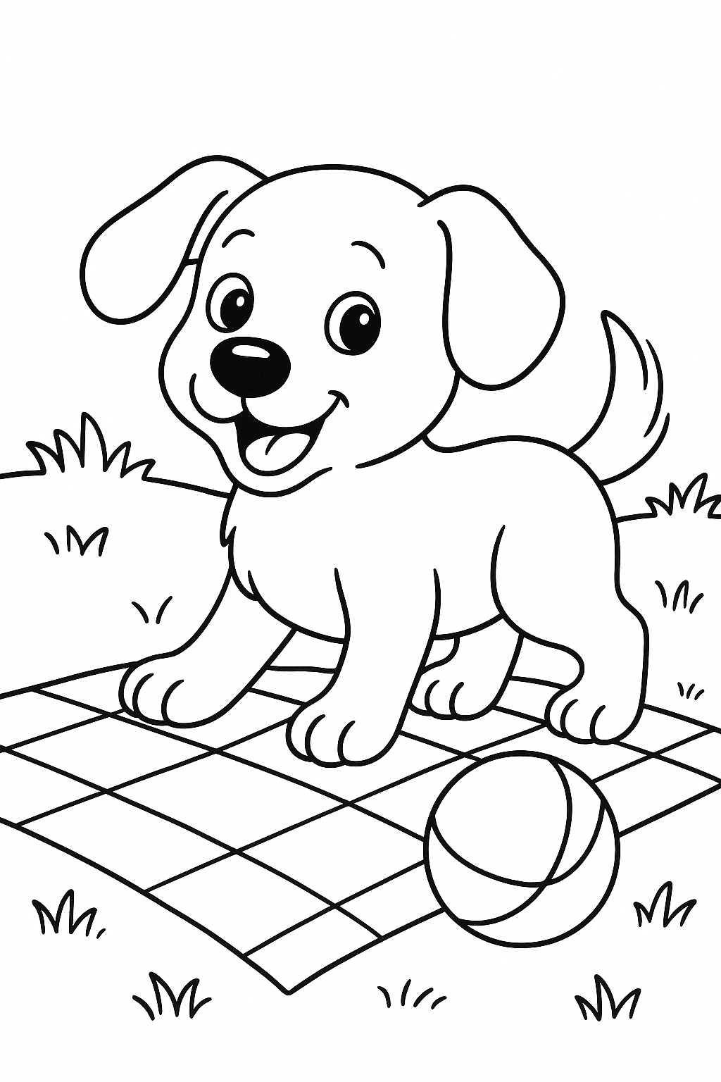 Cute puppy coloring page on a picnic blanket.