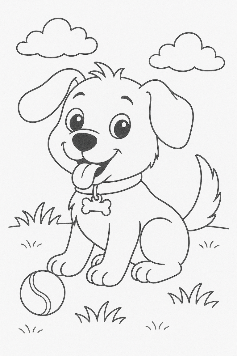 Smiling puppy with a ball, ready to color