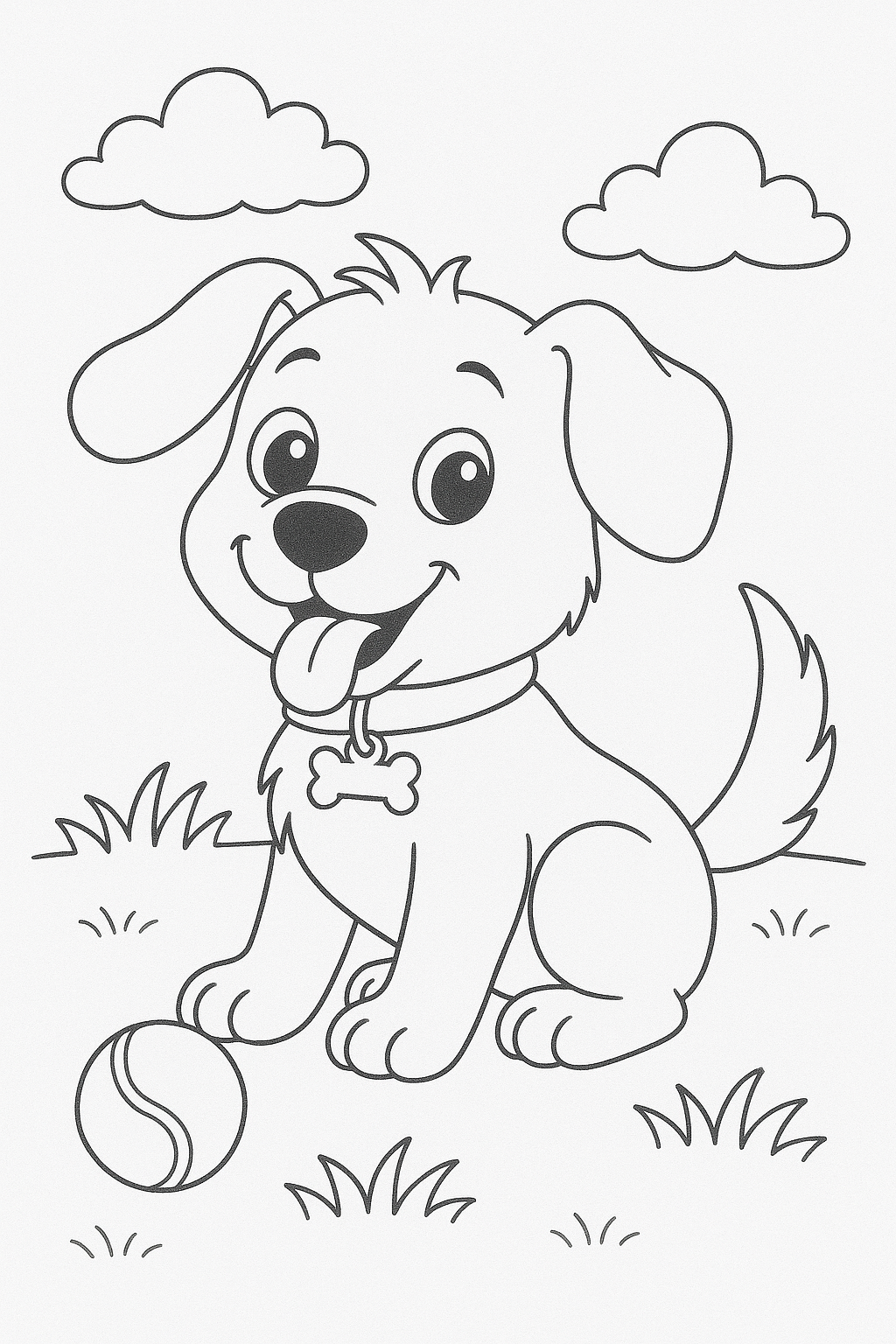 Smiling puppy with a ball, ready to color