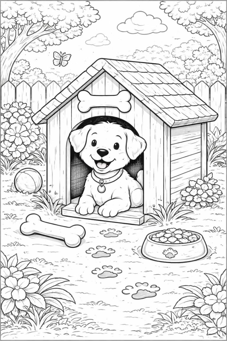 Puppy sitting happily in a doghouse with toys and trees around.