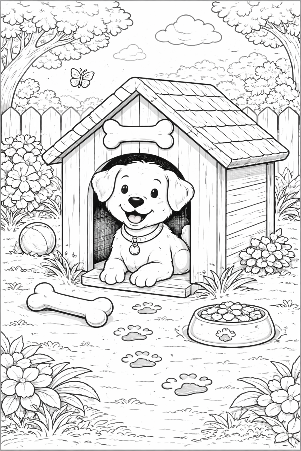 Puppy sitting happily in a doghouse with toys and trees around.