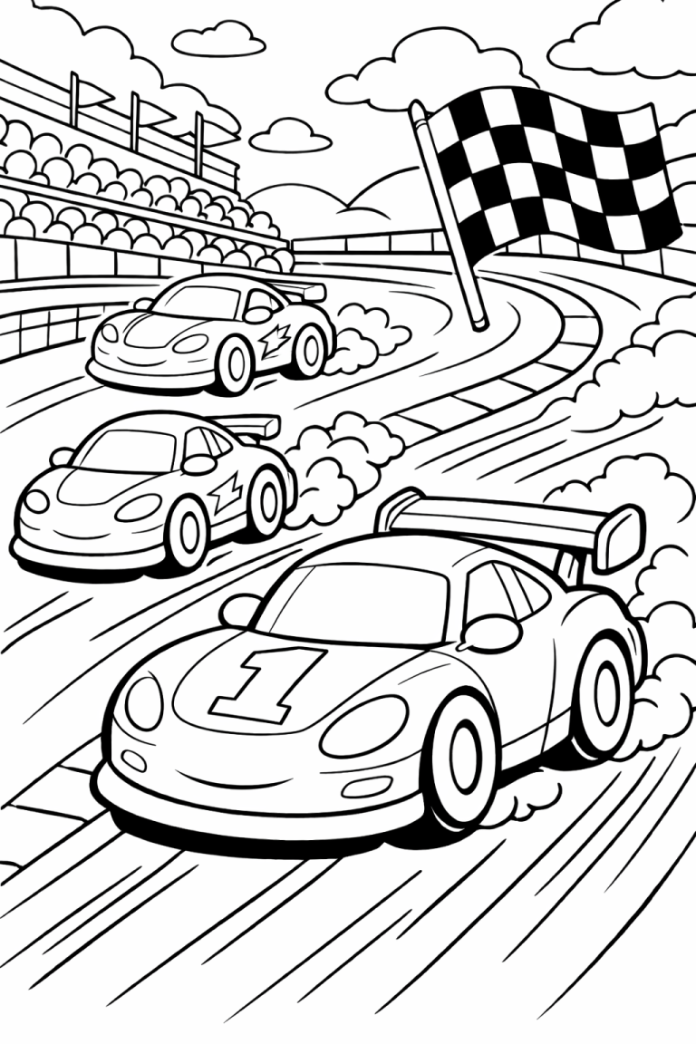 Race cars speeding on a track with a checkered flag