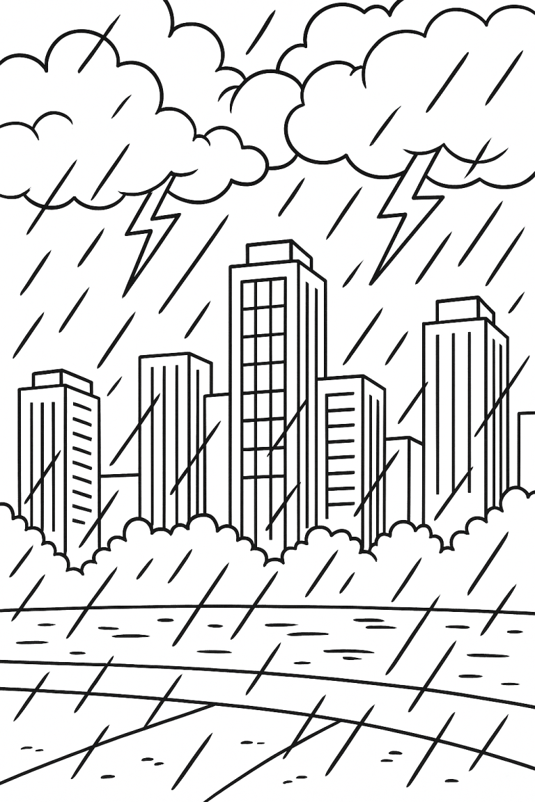Coloring page with a rainy city skyline.